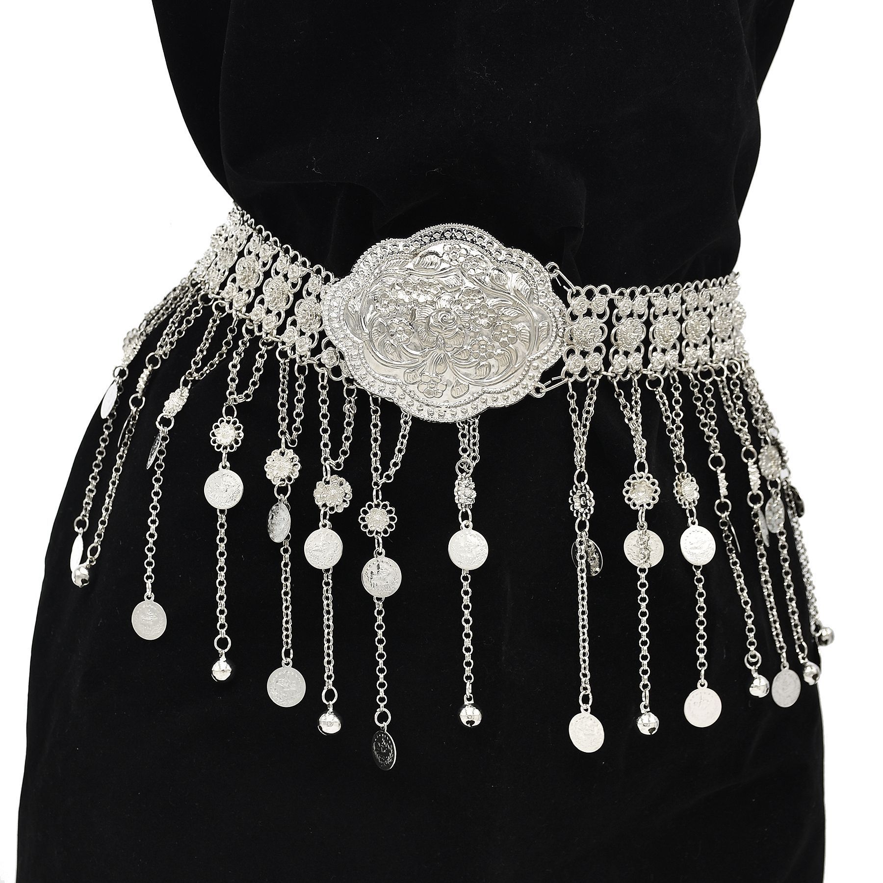 Ethnic Indian Fashion - Versilberter marokkanischer Kaftan-Gürtel mit geometrischen Münzen