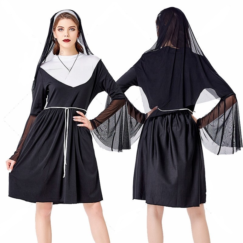Ethnic Fashion Wear - Schwarzes Nonnenkostüm Halloween-Maskerade-Party Damenmode Cosplay-Outfit Bühnenauftritt