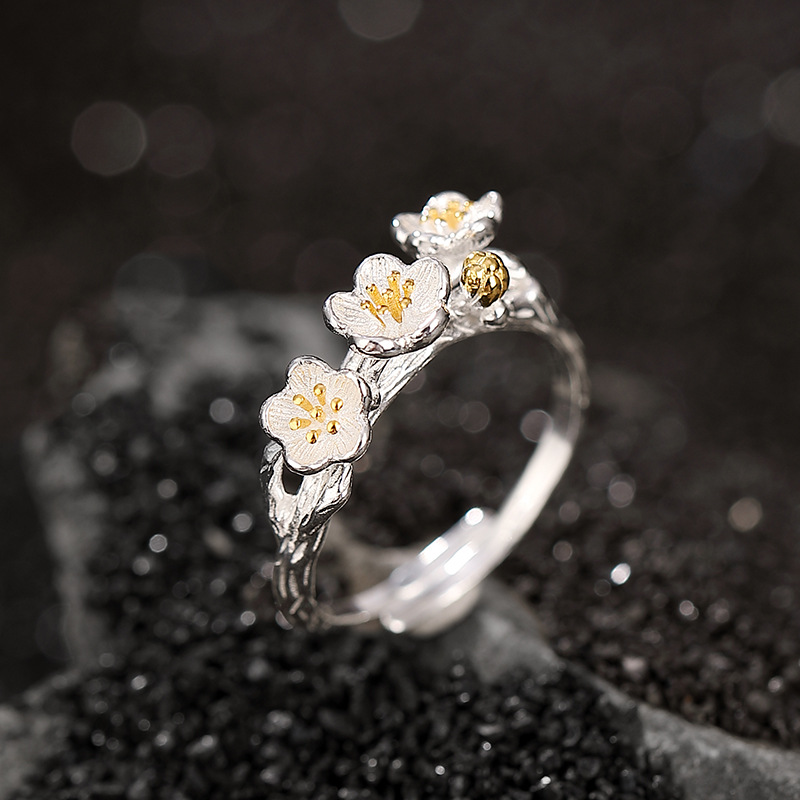 Ethnic Fashion Wear - Offene Ringe aus 925er-Sterlingsilber mit Blumenzweig