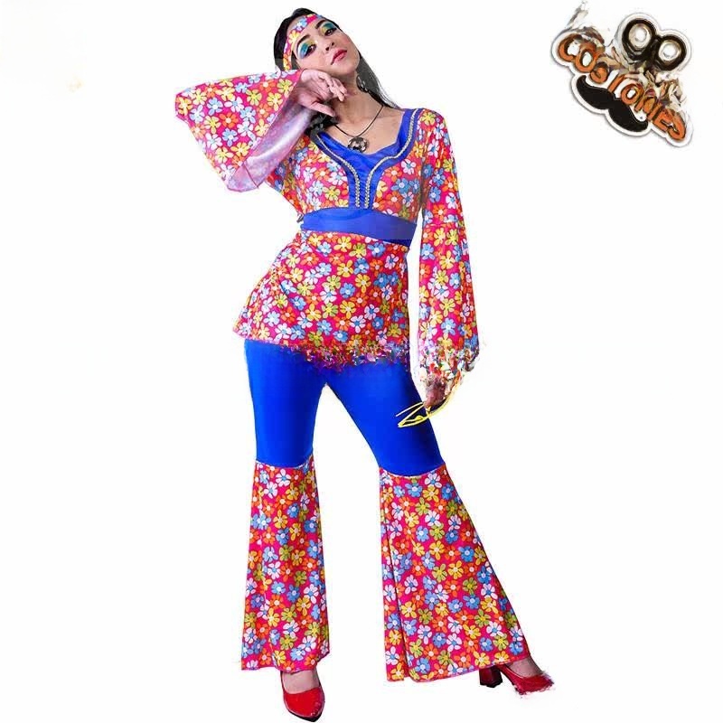 Ethnic Fashion Trend - Damen Hippie-Kostüm mit Großen Blumen Disco-Outfit